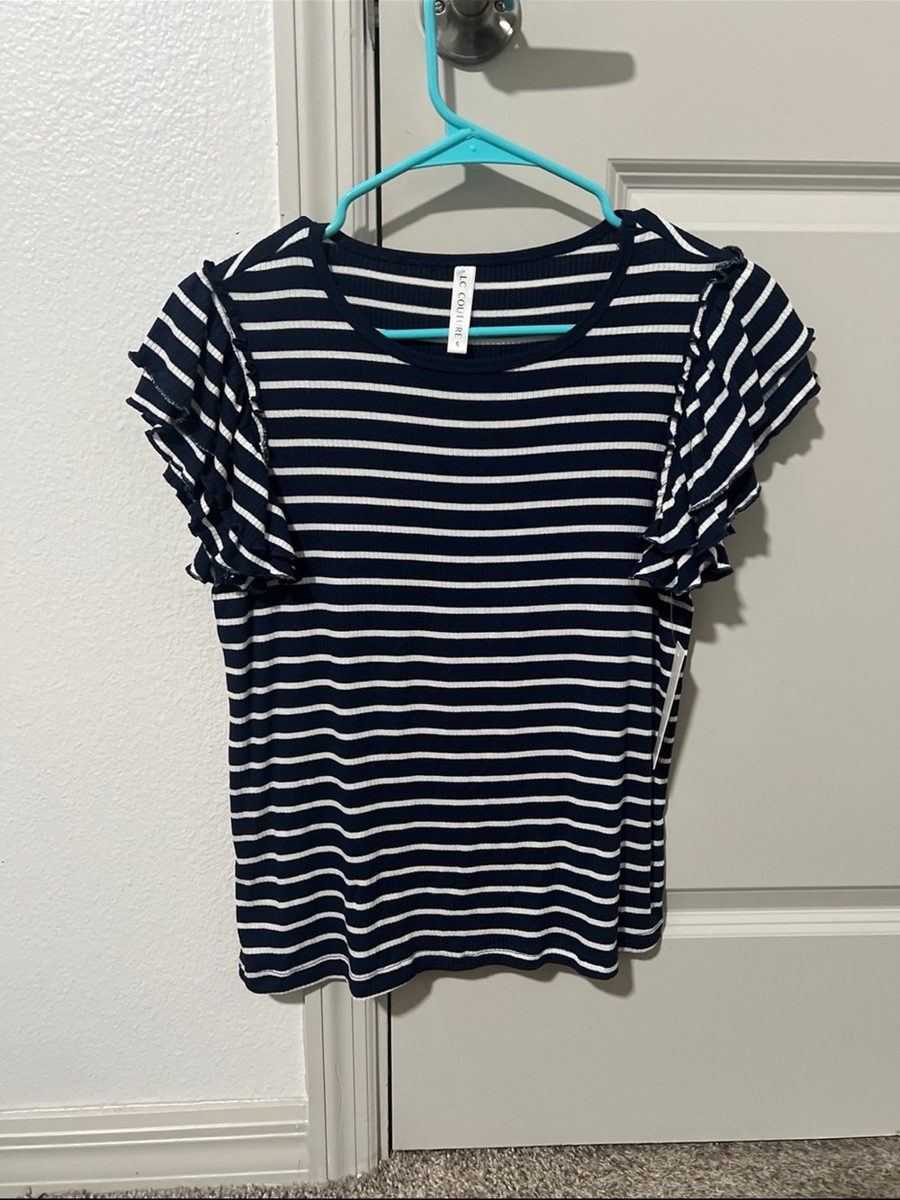 LC Couture Navy & White Striped Ruffle Sleeve Tee